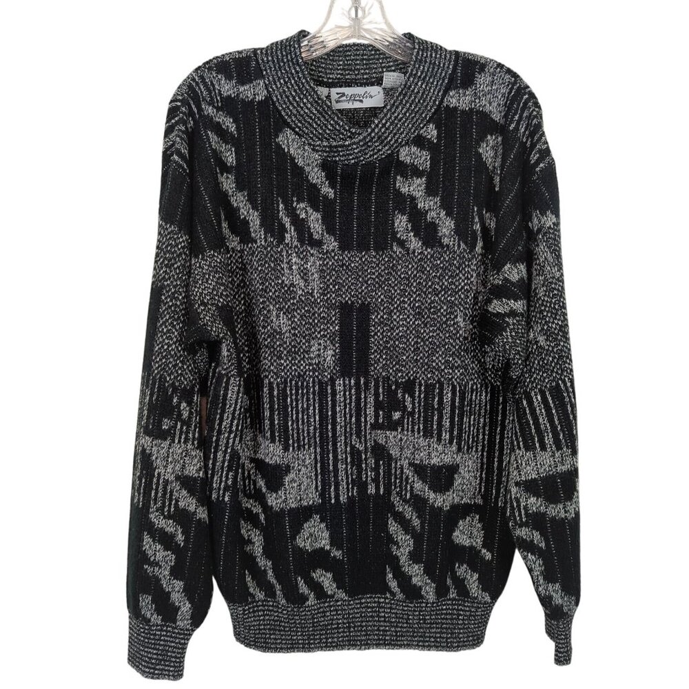 Vintage Zeppelin Sweater L Black Gray Abstract Geometric Knit Pullover 80s 90s